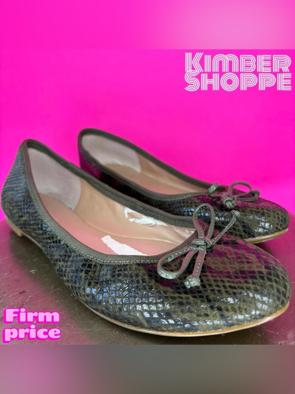 Banana Republic Snake Embossed Green Leather Bow Detail Ballet Flat US 9 UK 7